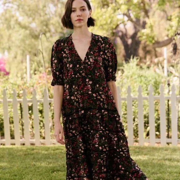 The Great Dresses & Skirts - The Great Yonder Midi in Black Fresh Water Floral Cotton Tiered Dress, Size 3